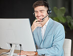 Man, headset and smile while looking at screen in office, talking and customer care for telemarketing. Person, consultant or operator with technology for business, e commerce or management of clients