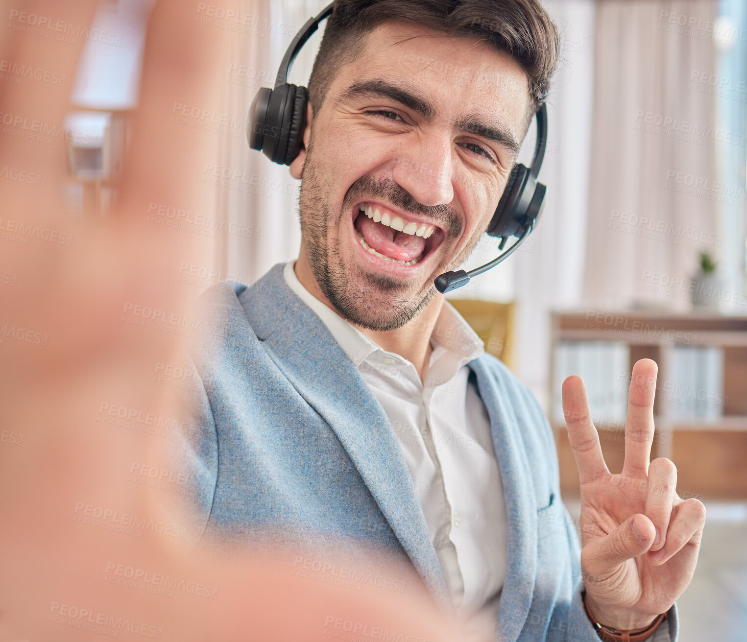 Buy stock photo Portrait, selfie or happy man in a call center office on a break to post a photograph on social media online. CRM, peace sign or male sales agent taking fun pictures to relax in workplace with smile