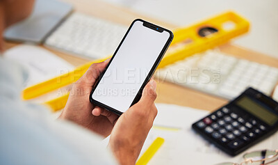 Buy stock photo Engineer, closeup and man with a smartphone, mockup and typing with connection, research and network. Hands, architecture and person with a cellphone, social media and contact with chat and message