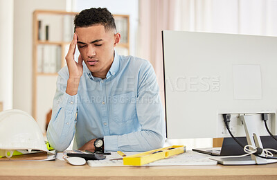 Buy stock photo Stress, headache and portrait of engineer in the office planning repairs, maintenance or building. Confused, burnout and man industry worker working with computer in workplace on construction site.