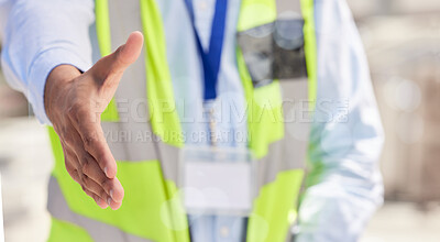 Buy stock photo Engineering, shaking hands and offer for partnership, industrial meeting and agreement at construction site. Architecture, contractor and person POV handshake with thank you, hiring or property deal