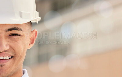 Buy stock photo Happy, man and half of construction worker face with inspection of building, site or development mock up. Industrial, manager and portrait of contractor or builder with happiness at warehouse or work