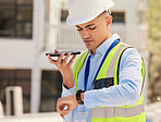 Engineer on construction site, phone call and checking watch for building schedule, inspection and maintenance. Architecture, communication and business man with cellphone looking at time on site.