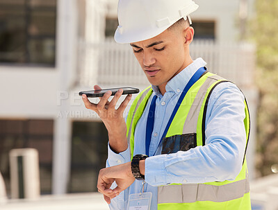 Buy stock photo Engineer on construction site, phone call and checking watch for building schedule, inspection and maintenance. Architecture, communication and business man with cellphone looking at time on site.