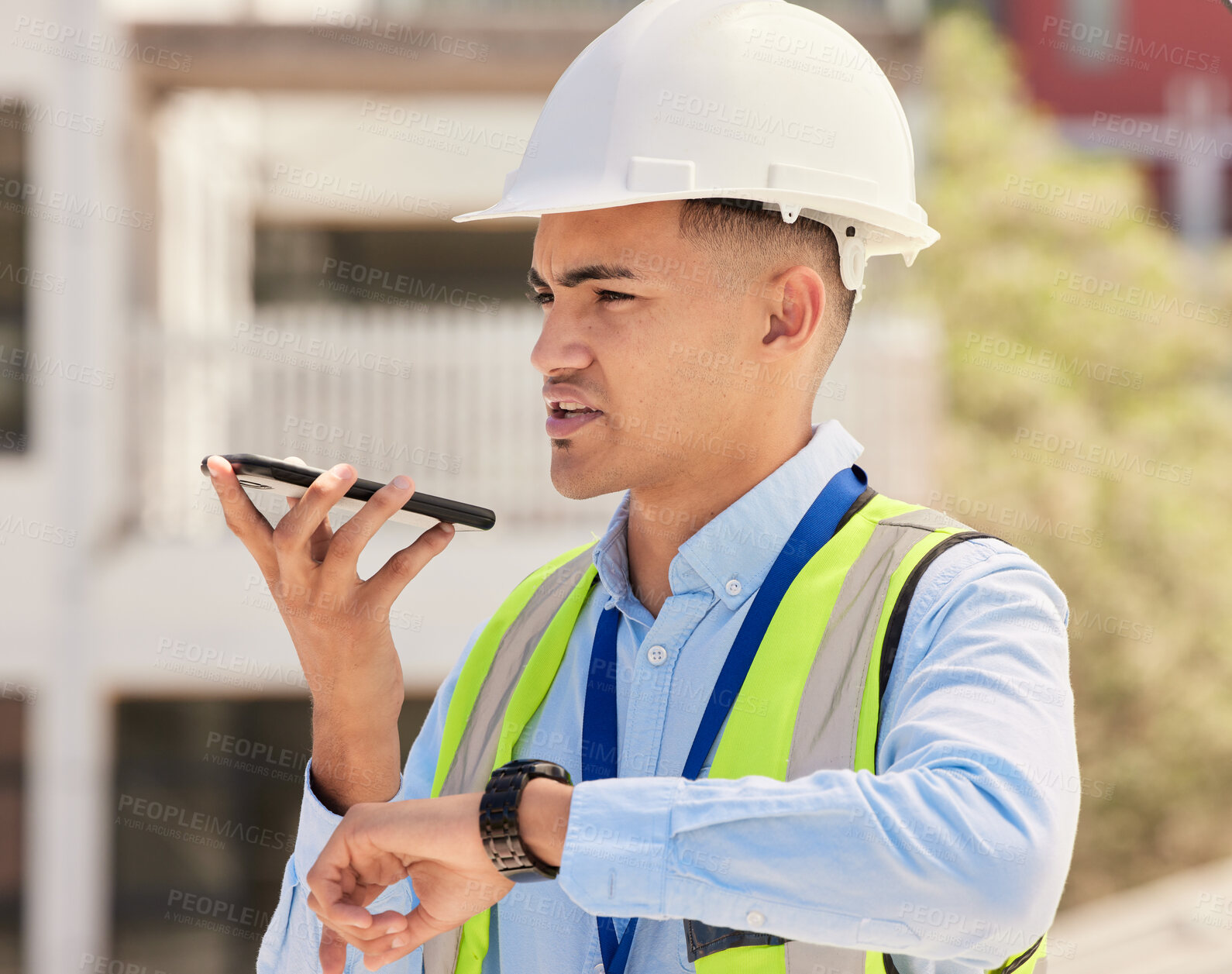 Buy stock photo Engineering, man and phone call for project management, outdoor architecture and thinking of schedule or time. Construction worker or industrial manager on mobile voice chat, watch and communication