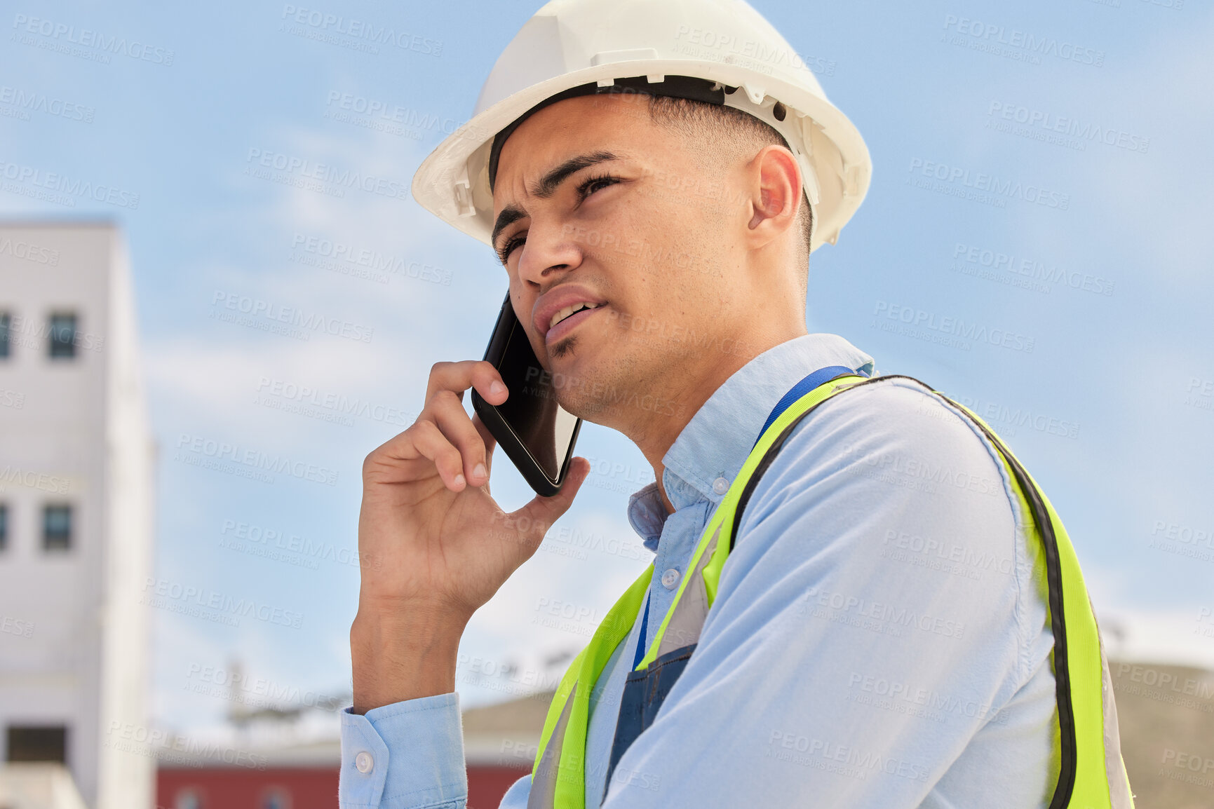 Buy stock photo Engineer on construction site, phone call and negotiation for building schedule, inspection and maintenance. Architecture, communication and businessman with cellphone for chat on project development