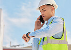 Engineer on construction site, phone call and checking time for building schedule, inspection and maintenance. Architecture, communication and business man with cellphone looking at watch on site.