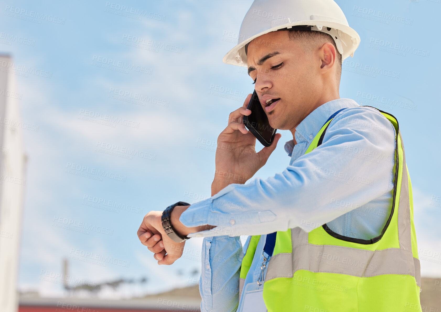 Buy stock photo Engineer on construction site, phone call and checking time for building schedule, inspection and maintenance. Architecture, communication and business man with cellphone looking at watch on site.