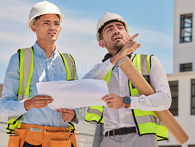 Buy stock photo Industry, blueprint and team of construction workers in the city planning maintenance or repairs on rooftop. Engineering, discussion and men industrial employees in collaboration working on building.