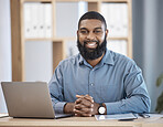 Smile, portrait and professional black man in the office with laptop working on legal case. Confident, happiness and African male attorney doing research on computer for law project in workplace.