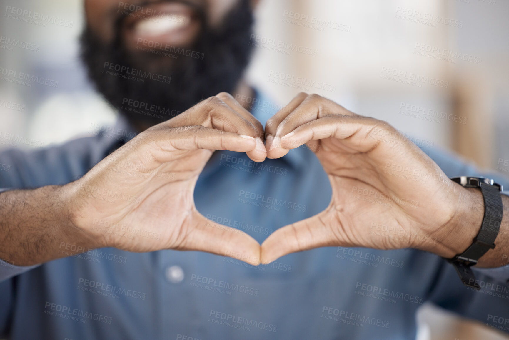 Buy stock photo Man, hands and heart with gesture in closeup, alone and blurred background. African, person or model with love, hope or support for community in solidarity with human rights, social justice or change