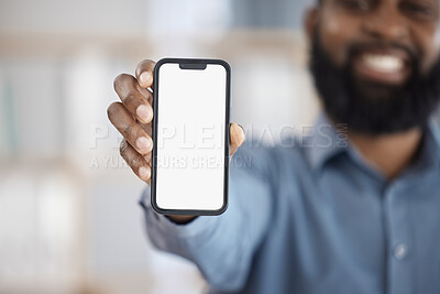 Buy stock photo Business man, phone screen and space for stock market application, ux design and online trading. Professional trader in portrait with mobile mockup for financial information, contact and ui website