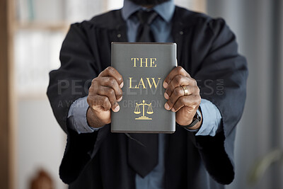 Buy stock photo Hands, judge and law book for justice, knowledge and study constitution for decision in court. Legal expert, attorney or advocate and choice for equality, consultation and compliance for government