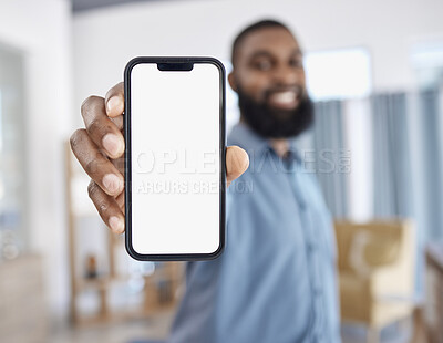 Buy stock photo Business man, phone screen and mock up for social media marketing, ui or ux design and professional software. Office worker or designer in portrait with mobile app for website information or contact