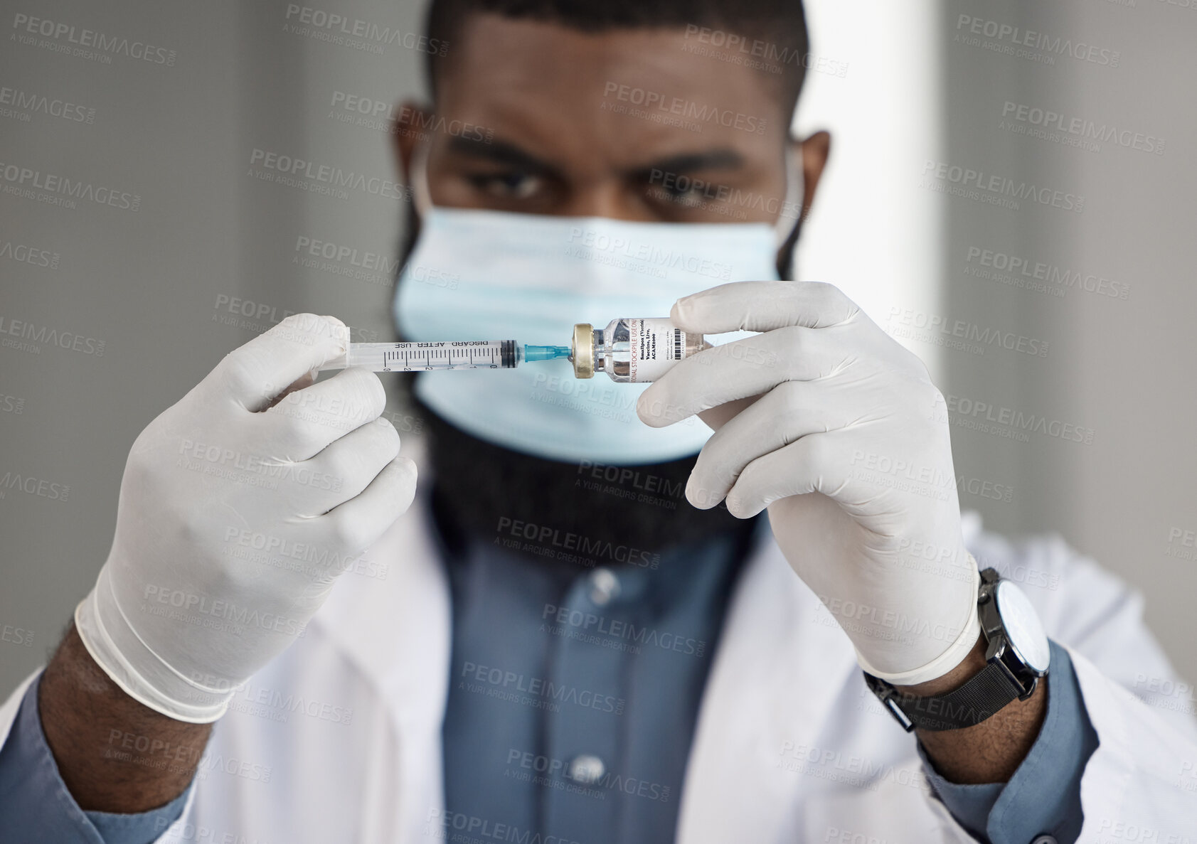 Buy stock photo Doctor, man and nurse with needle for vaccine, virus protection or medical wellness at hospital with ppe. Healthcare, professional and employee with syringe for medicine, safety and bacteria care