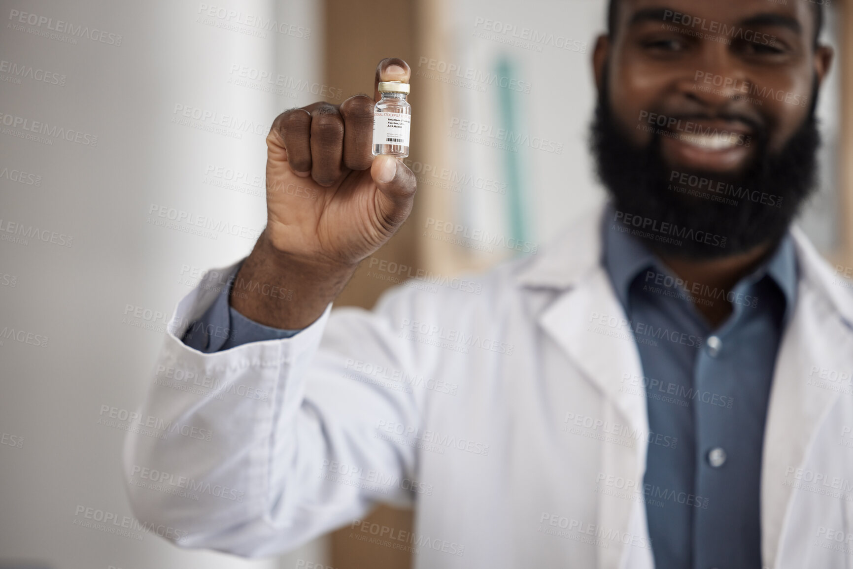 Buy stock photo Doctor, man and vaccine bottle in portrait, smile and care for pharmaceutical product for dengue fever. African medic, pride and happy for medicine, liquid and health innovation for safety in clinic