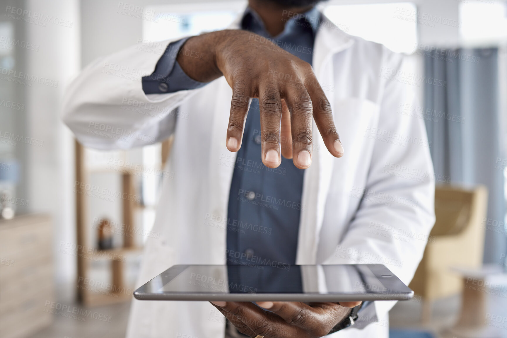 Buy stock photo Closeup, doctor and hands with a tablet, futuristic and connection with healthcare, innovation and network. Person, medical professional and worker with tech, digital app and telehealth with internet