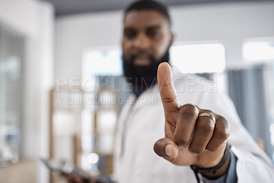 Buy stock photo Finger, invisible screen and doctor press key on technology for healthcare, wellness or telehealth. Hand, click touchscreen or medical professional on internet for digital connection on futuristic ui