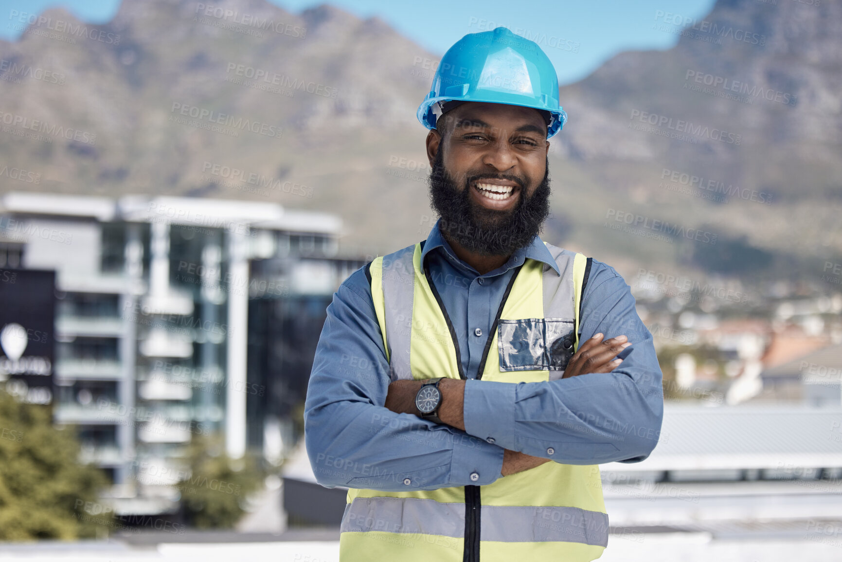 Buy stock photo Man, architecture portrait and arms crossed for city construction, project management or outdoor building design. Happy face of african worker in engineering, urban development or property leadership