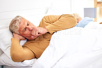 Couple, coughing or sick old man in bed with wife at home with flu virus, tuberculosis or health problem. Chest pain, mature or senior person with cold fever bug, allergy or lung illness in bedroom