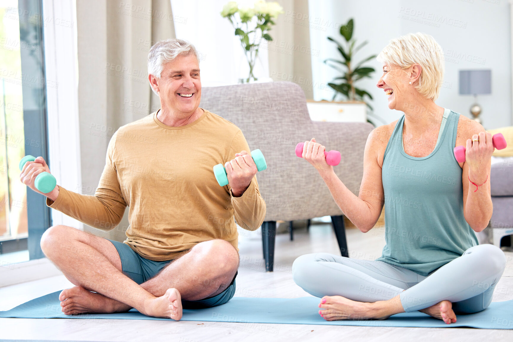 Buy stock photo Fitness, senior and couple with dumbbell for exercise, wellness and muscle training on mat with happiness. Elderly, man and woman with workout for healthy body, mindset and healthcare with motivation