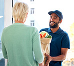 Courier, food and smile for customer, groceries and fresh produce from online shopping. Happy delivery man, supermarket discount and deal from supply chain, distribution with front door service.