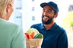 Delivery man, food and smile for customer, groceries and fresh produce from online shopping. Happy delivery man, supermarket discount and deal from supply chain, distribution with front door service.