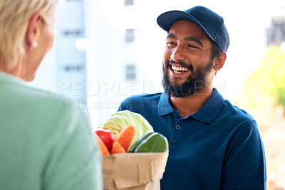 Buy stock photo Delivery man, food and smile for customer, groceries and fresh produce from online shopping. Happy delivery man, supermarket discount and deal from supply chain, distribution with front door service.