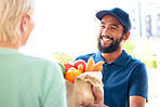 Delivery man, groceries and smile for customer, food and fresh produce from online shopping. Happy person, supermarket discount and deal from supply chain, distribution with front door service.