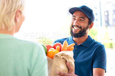 Buy stock photo Delivery man, groceries and smile for customer, food and fresh produce from online shopping. Happy person, supermarket discount and deal from supply chain, distribution with front door service.