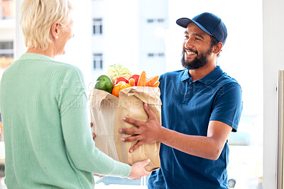 Buy stock photo Delivery man, food and smile for customer, groceries and fresh produce from online shopping. Happy courier, supermarket discount and deal from supply chain, distribution with front door service.