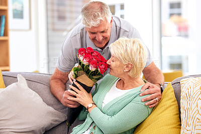 Buy stock photo Love, hug or senior couple with flowers or gift in celebration of a happy marriage or valentines day. Present, mature or romantic man giving roses to a woman in retirement in house living room couch