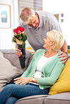 Love, surprise or senior couple with flowers or gift in celebration of marriage or valentines day. Present, mature or romantic man giving roses to a happy woman in retirement in house living room