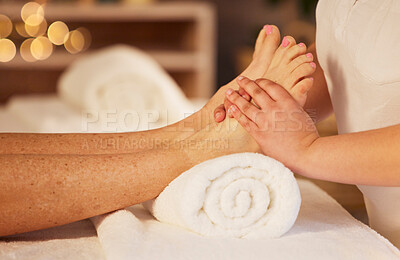 Buy stock photo Pedicure, foot therapist and massage at spa for acupressure treatment, wellness therapy and zen. Closeup, client and relax feet at beauty salon for muscle reflexology, circulation or skincare service