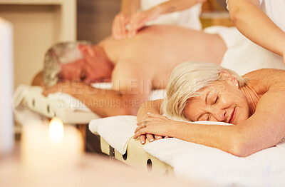 Beauty, back massage and senior couple at a spa for luxury, self care and muscle healing treatment. Health, wellness and elderly man and woman on retirement retreat for body therapy at natural salon.