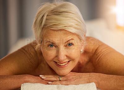 Buy stock photo Relax, portrait and senior woman at a spa for health, wellness and anti aging skincare treatment. Calm, beauty and closeup of elderly female person with wrinkles face routine at a natural salon.