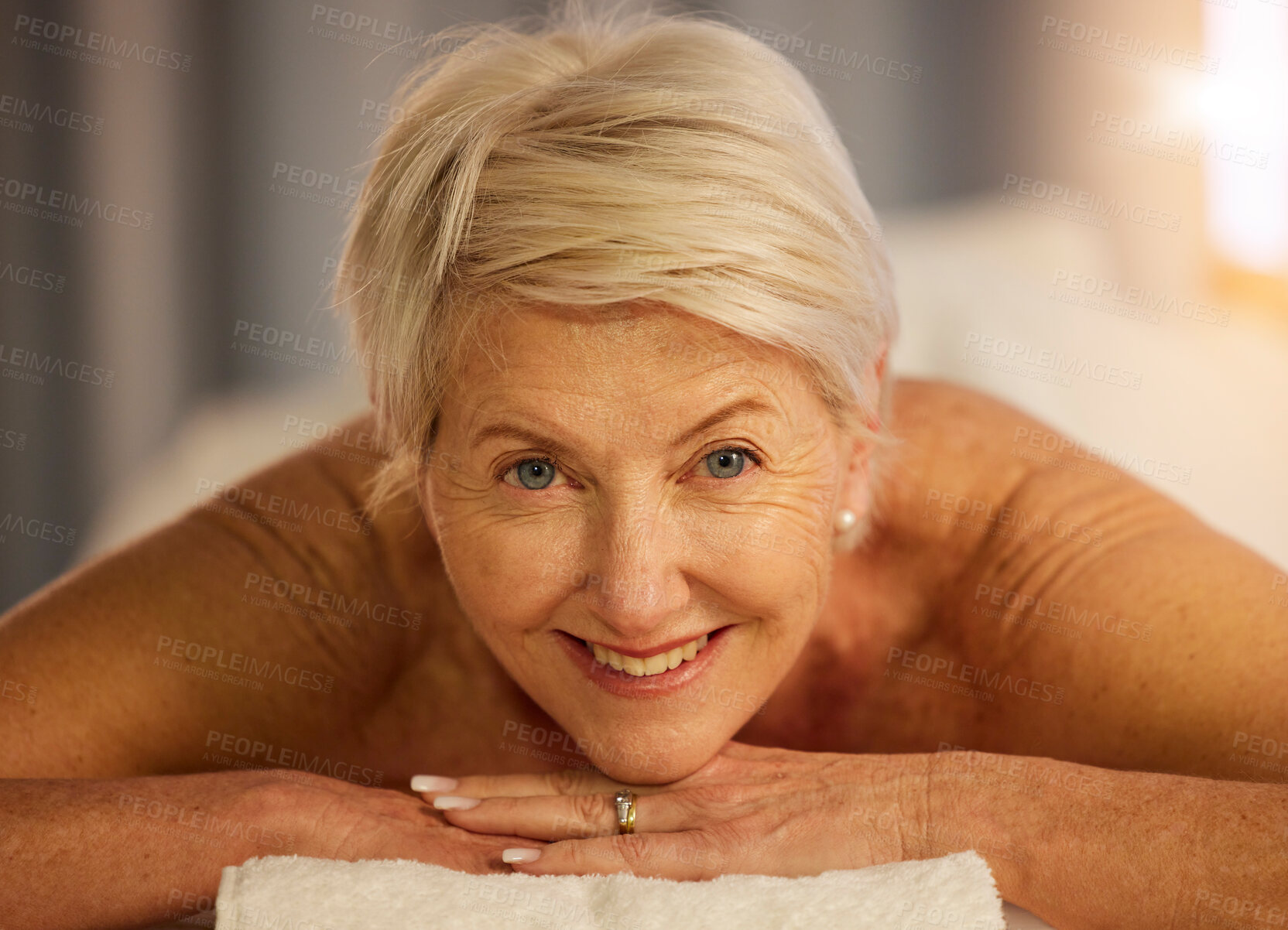 Buy stock photo Relax, portrait and senior woman at a spa for health, wellness and anti aging skincare treatment. Calm, beauty and closeup of elderly female person with wrinkles face routine at a natural salon.