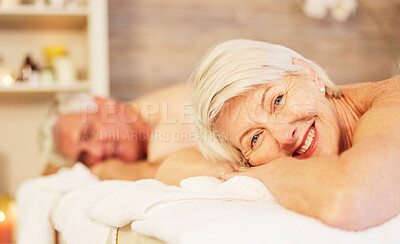 Buy stock photo Relax, portrait and senior couple at a spa for health, wellness and back massage treatment. Calm, beauty and closeup of zen elderly man and woman at retirement resort for self care at a natural salon