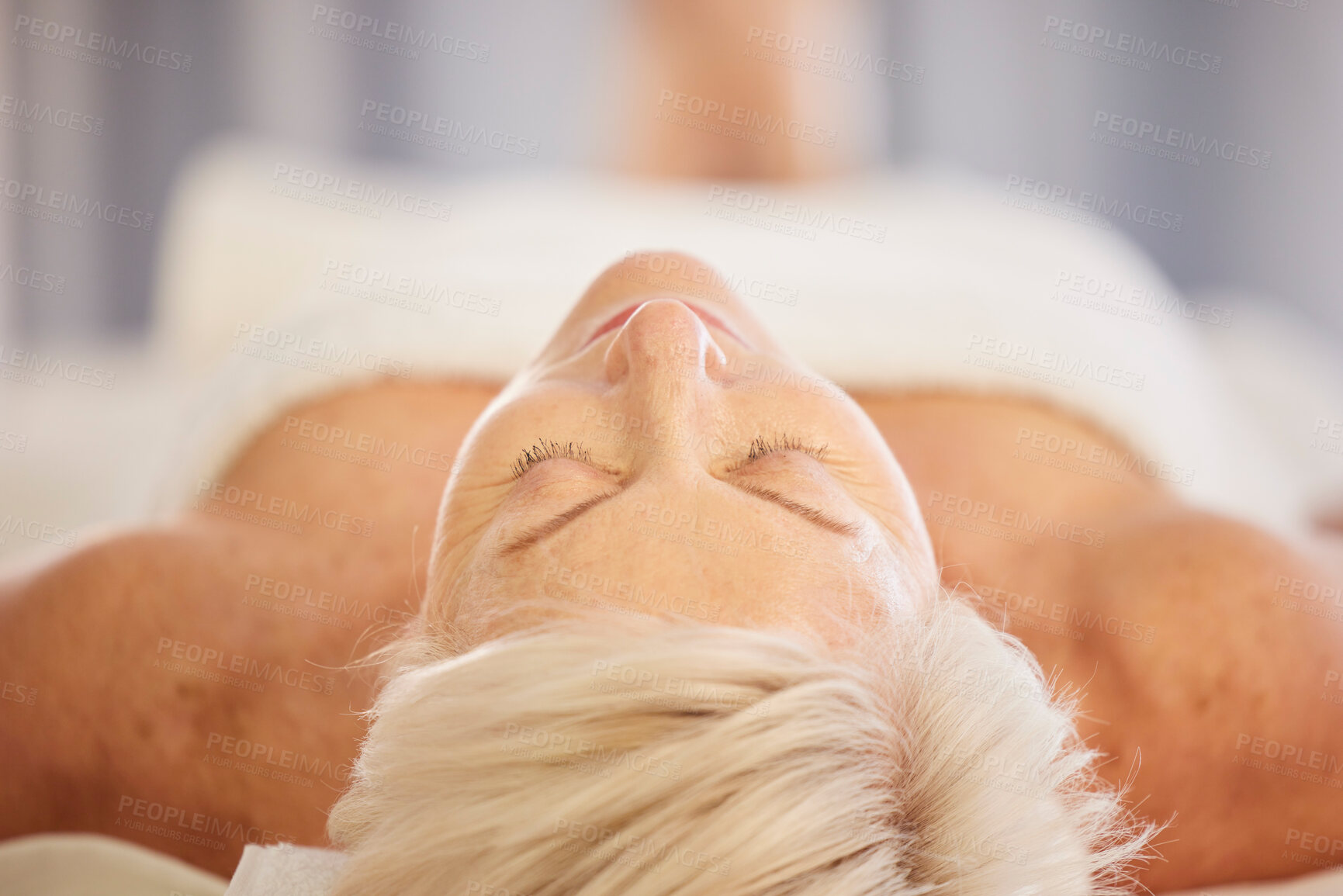 Buy stock photo Relax, health and senior woman at a spa for peace, wellness and anti aging skincare facial treatment. Calm, beauty and closeup of elderly female person with wrinkles face routine at a natural salon.