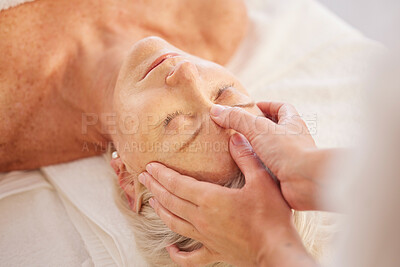 Buy stock photo Relax, head massage and senior woman at a spa for luxury, self care and muscle healing treatment. Health, wellness and elderly female person on a retirement retreat for body therapy at natural salon.