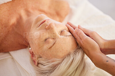 Buy stock photo Relax, face massage and senior woman at a spa for luxury, self care and facial healing treatment. Health, wellness and elderly female person on a retirement retreat for head therapy at natural salon.