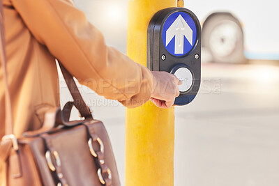 Buy stock photo Press, commute and person cross road at traffic light for travel in street with outdoor pedestrian button on the road. Signal, sign and hand of female on symbol of crosswalk by robot in New York