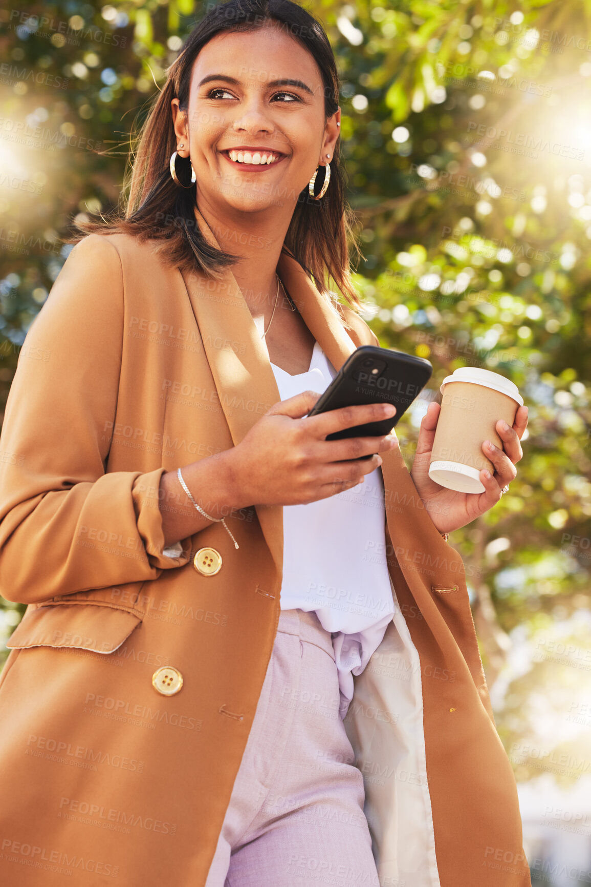 Buy stock photo Business, outdoor and woman with a smartphone, typing and walking with a smile, sunshine and connection. Happy person, consultant or entrepreneur with a cellphone, city or social media with network