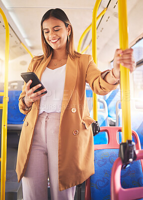 Buy stock photo Professional, woman and phone in bus for communication, technology and social media scroll with happiness. Smartphone, person and smile for internet, networking and conversation on public transport