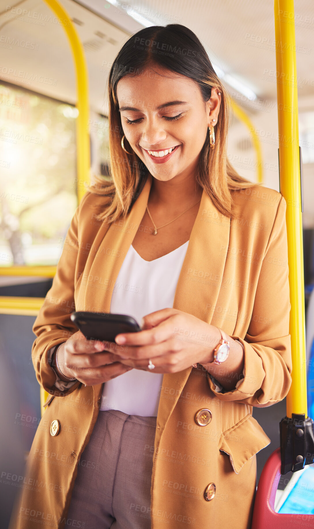 Buy stock photo Business, woman and phone in bus for communication, technology and social media scroll with happiness. Smartphone, person and smile for internet post, networking and conversation on public transport