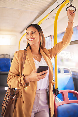 Buy stock photo Business, woman and thinking with smartphone in bus for communication, technology and social media with happiness. Phone, person or smile for internet, networking and conversation on public transport