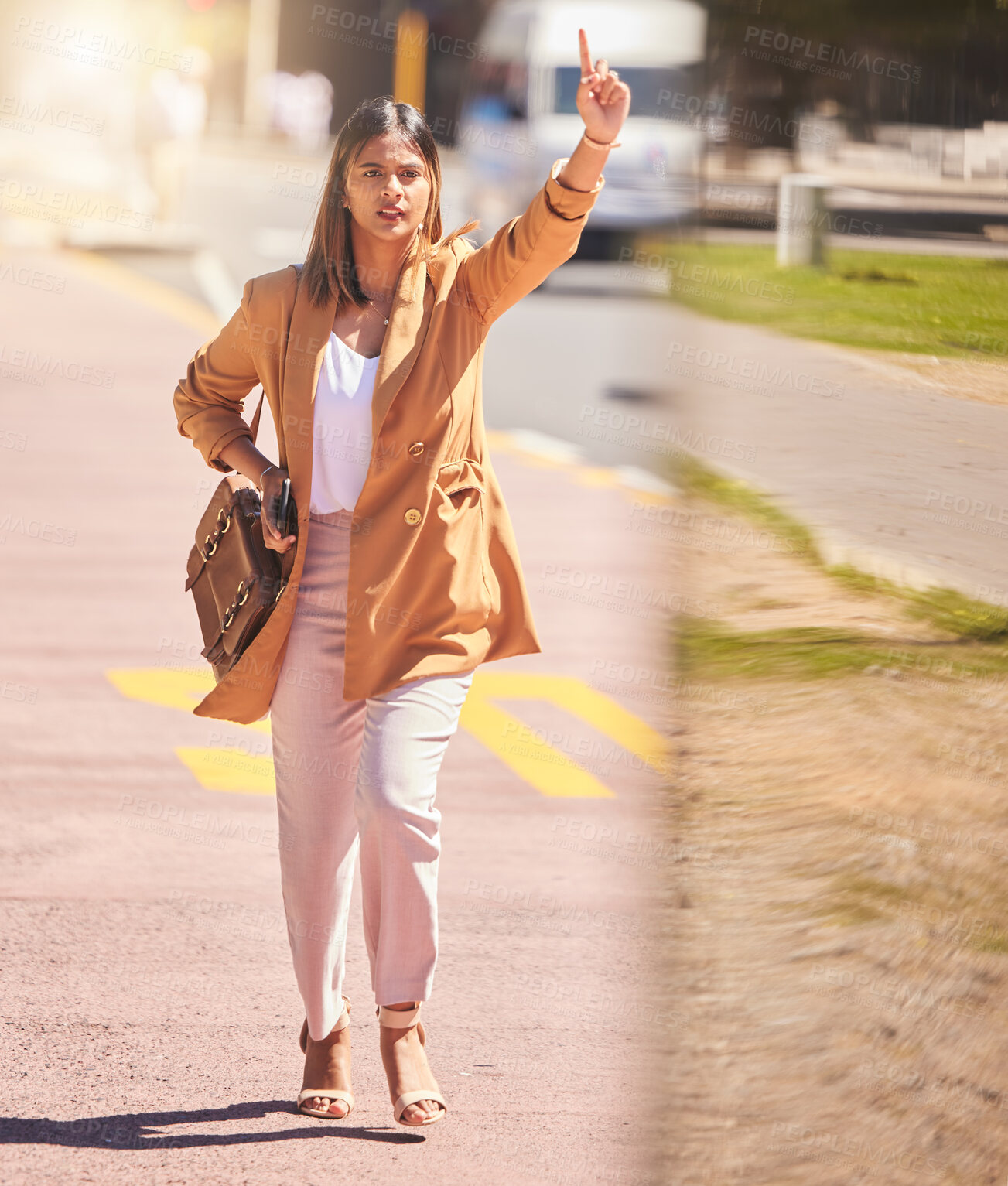 Buy stock photo Woman, walking and wave to taxi in city for bus, cab or commute transportation and travel in cbd for business. Person, hand and sign to call attention of taxicab driver, service or passenger in town