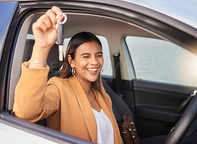 Buy stock photo Portrait, car and woman with a key, smile and celebration with achievement, goals and success. Face, wink and happy girl with transportation, commute and new vehicle with travel, safety and road trip