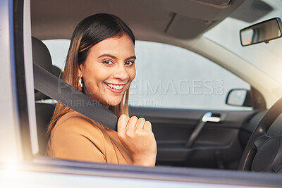 Buy stock photo Car, portrait and happy woman with seatbelt check for road trip, travel or journey. Window, face and lady driver with vehicle safety belt for driving, protection or test drive, compliance or security