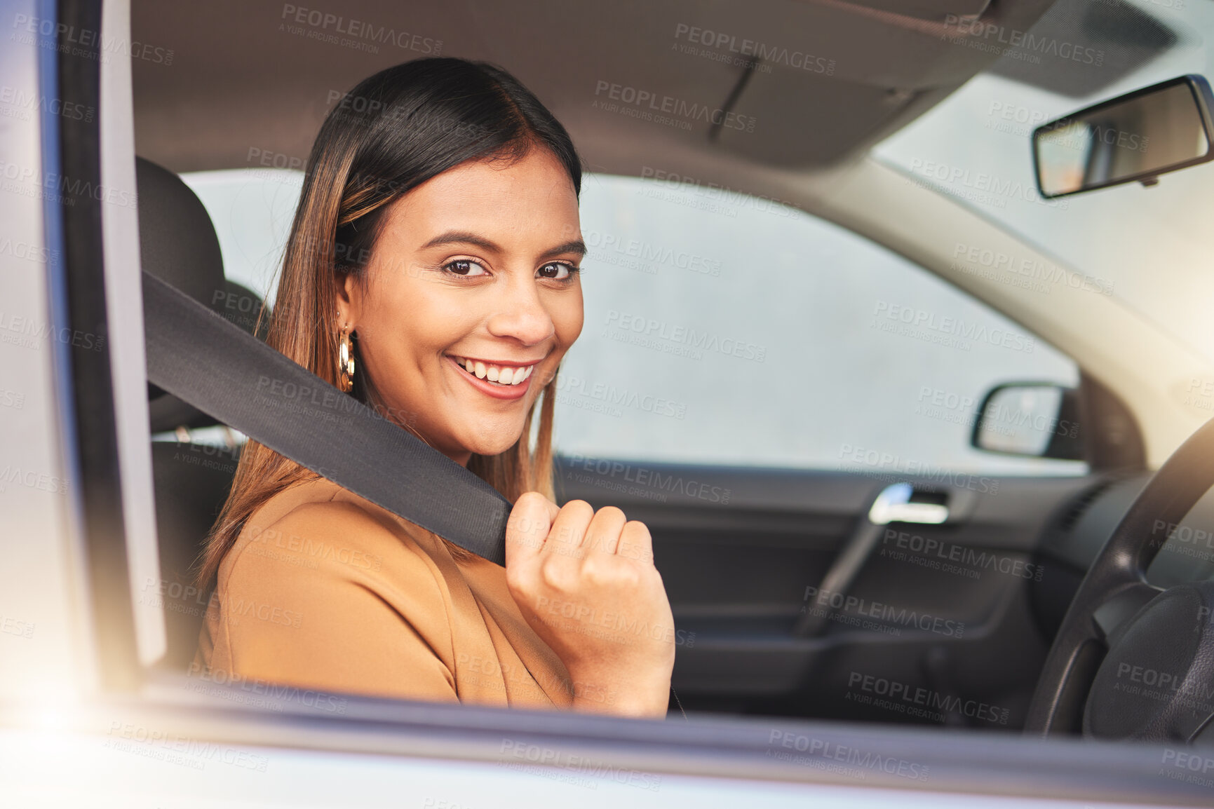 Buy stock photo Car, portrait and happy woman with seatbelt check for road trip, travel or journey. Window, face and lady driver with vehicle safety belt for driving, protection or test drive, compliance or security